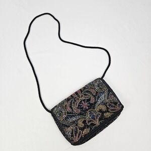 Vintage Lillian Vernon Black Beaded Clutch Purse Art Deco Evening Bag Formal